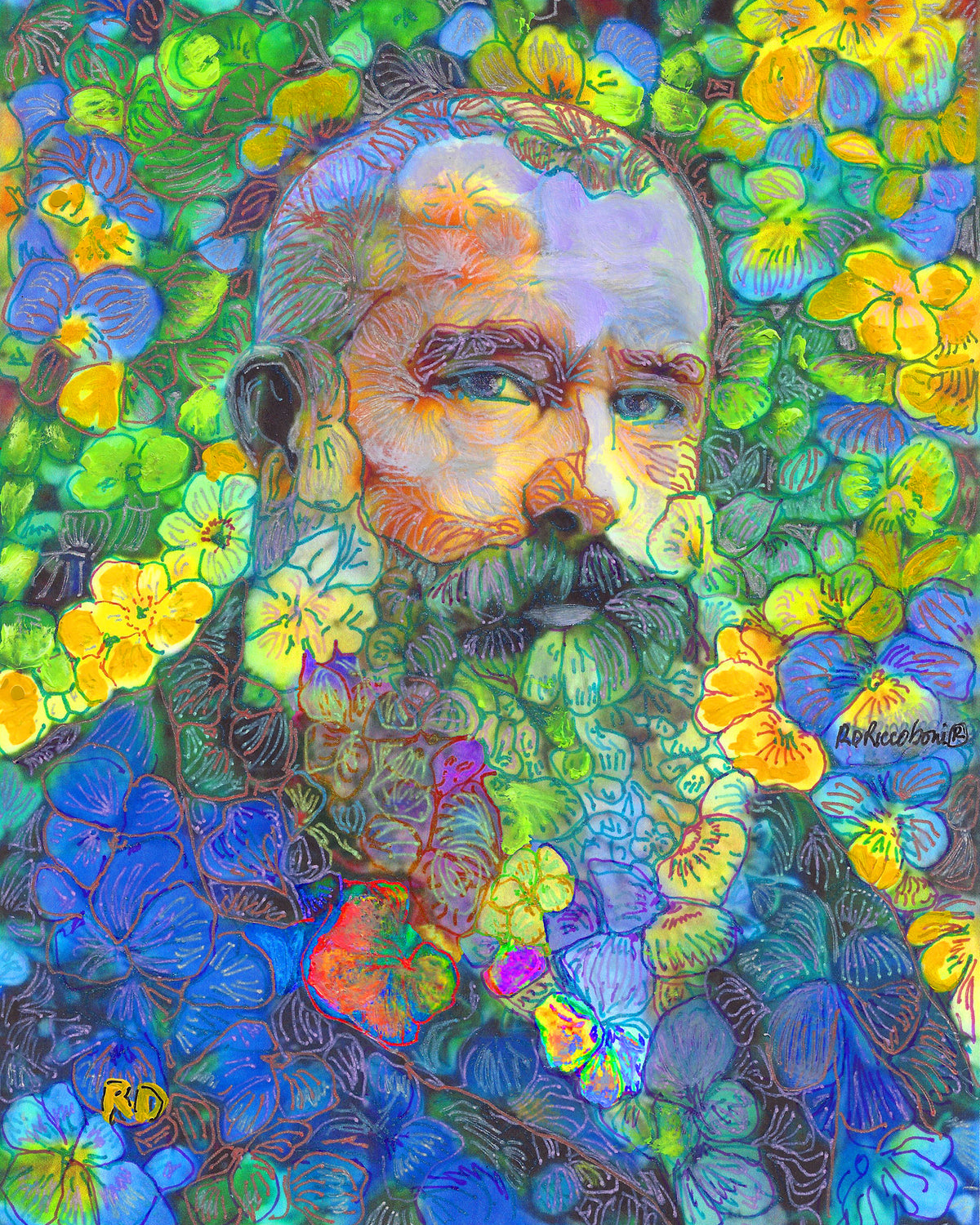 Papa Bear In The Garden — Flower Bear Portrait - Unframed