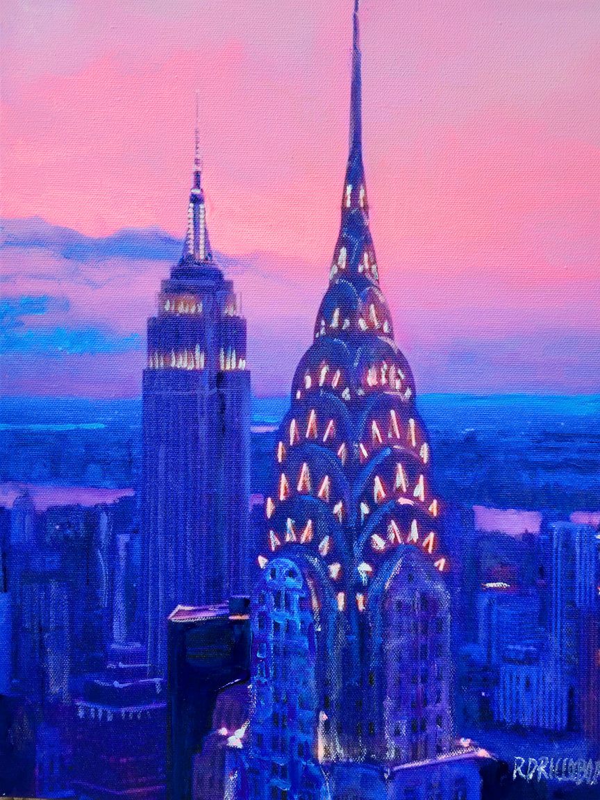 New York City Art Deco Skyline Sunset - Framed Canvas Giclée by Riccoboni