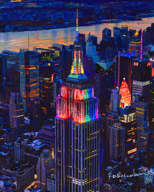 Empire State Building lit in neon rainbow pride colors against the New York City night skyline, painting by RD Riccoboni