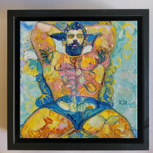 The Flower Bear – original mixed media painting by Riccoboni, 6x6 inch canvas in black float frame