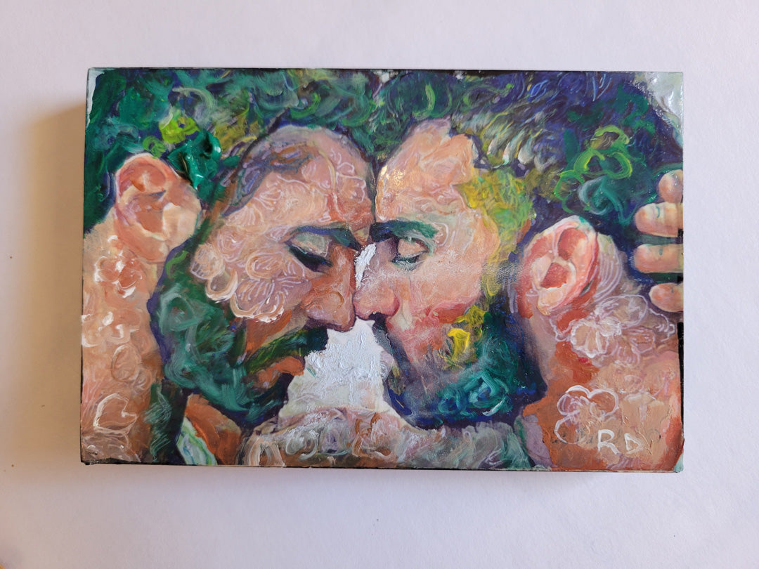 When by RD Riccoboni displayed on a small easel, 4x6 inch original mixed media painting on wood panel