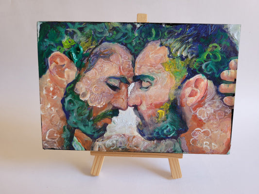 When - original mixed media painting on wood panel by RD Riccoboni, two figures in tender moment, Flower Bear style